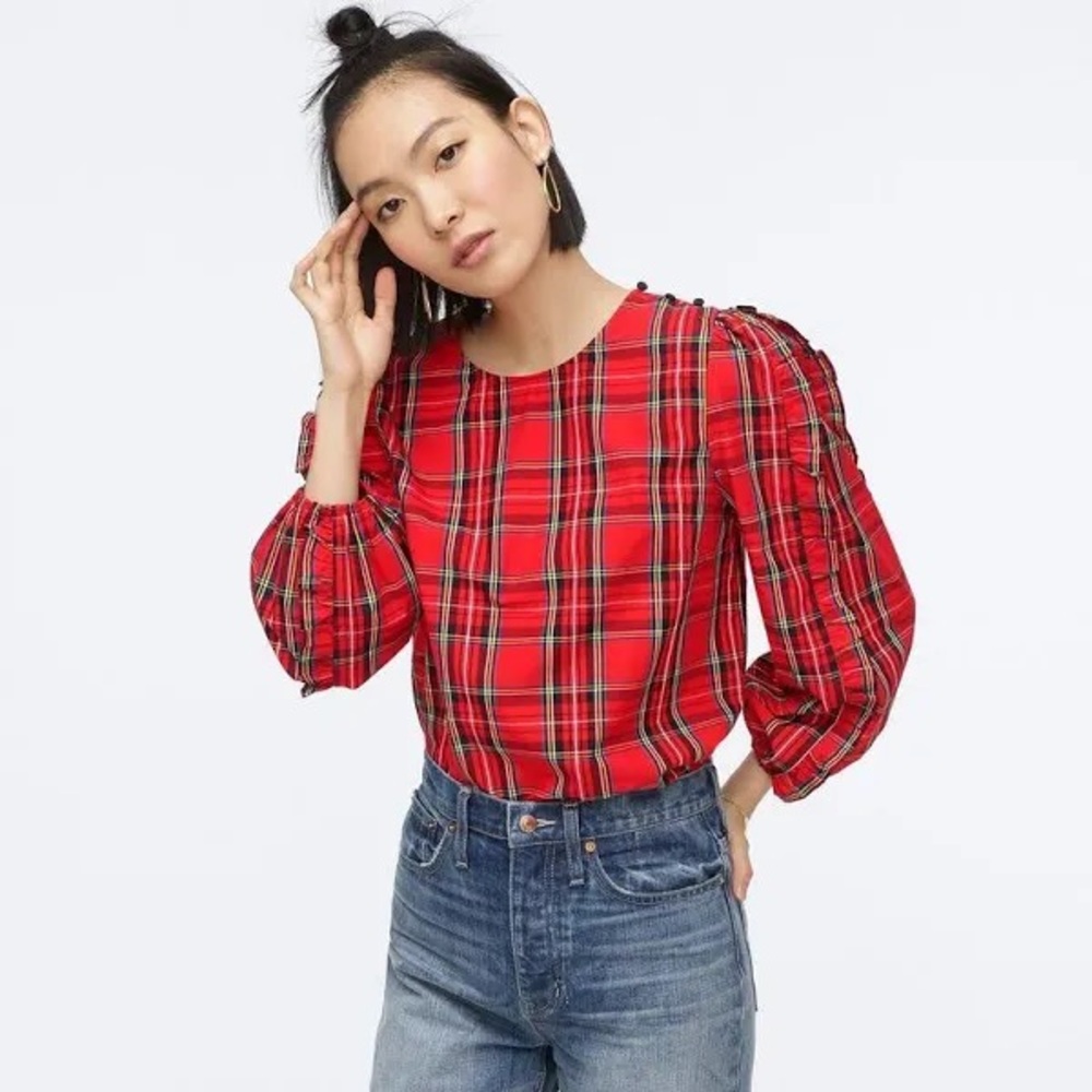 🎄 J.Crew Ruffle-Sleeve Top in Red Stewart Tartan – Size Small